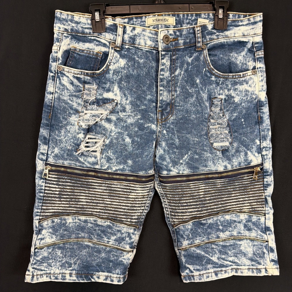 Track 23 DENIM Shorts Mens 36 Blue Acid Wash DISTRESSED Moto Zipper STREET WEAR